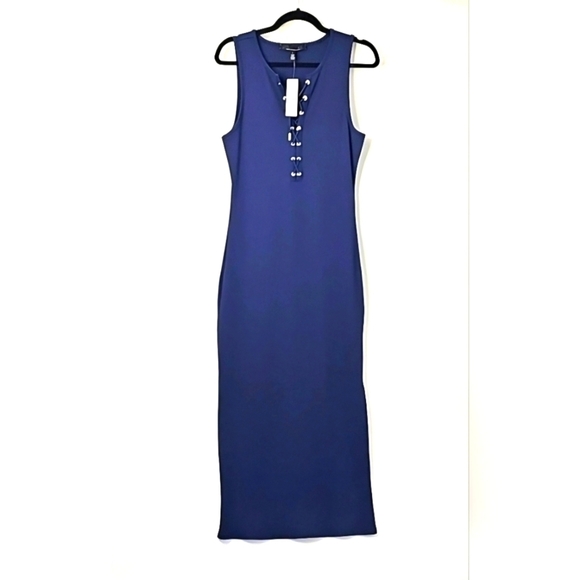 WHBM FORME Rib Bodycon Dress Sophisticated Leisure Elegant Nautical Navy w Tie - Picture 12 of 15